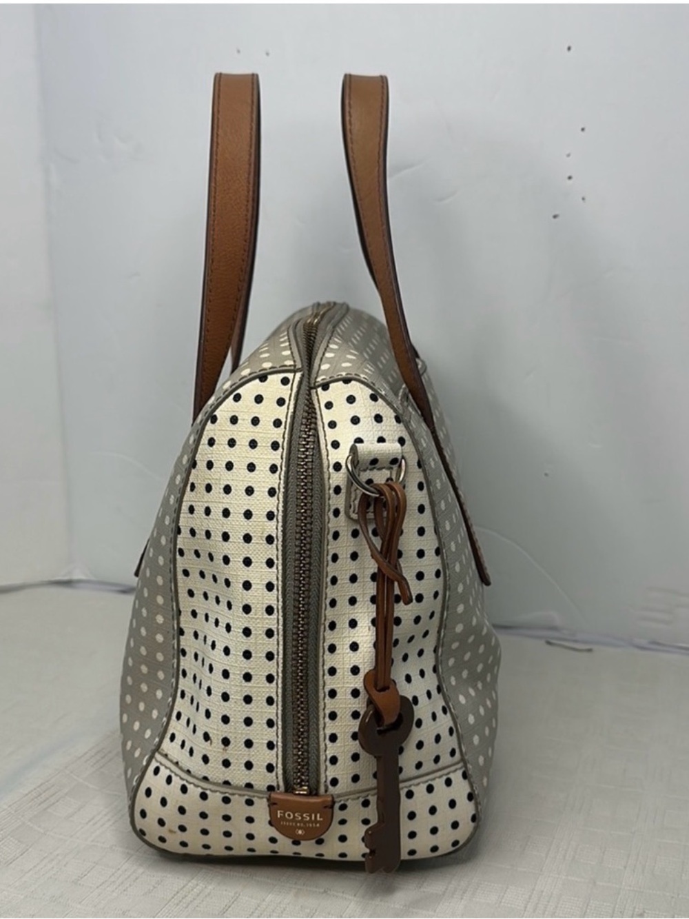 Fossil Beige Polka Dot Satchel with Brown Leather Trim - Picture 3 of 8